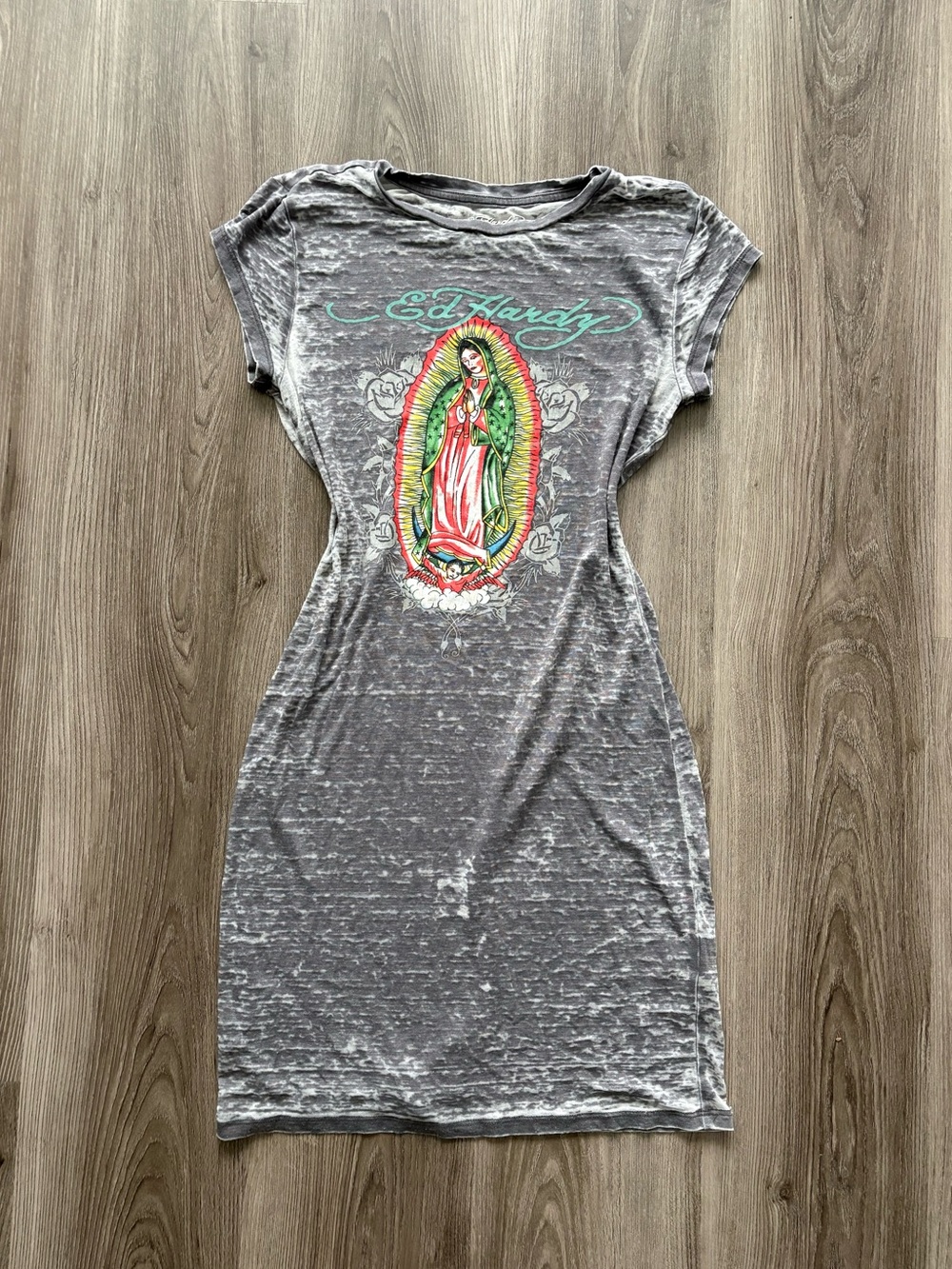 Ed Hardy Gray Graphic Midi Dress with Colorful Virgin Mary Motif